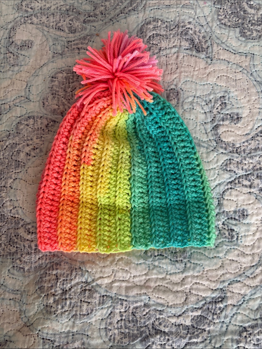 Hand Crafted Rainbow Gradient Pom Pom Beanie - Pink, Yellow, Green, Teal
